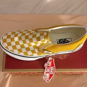 Vans Kids Yellow and White Checkered Slip-On Sneakers